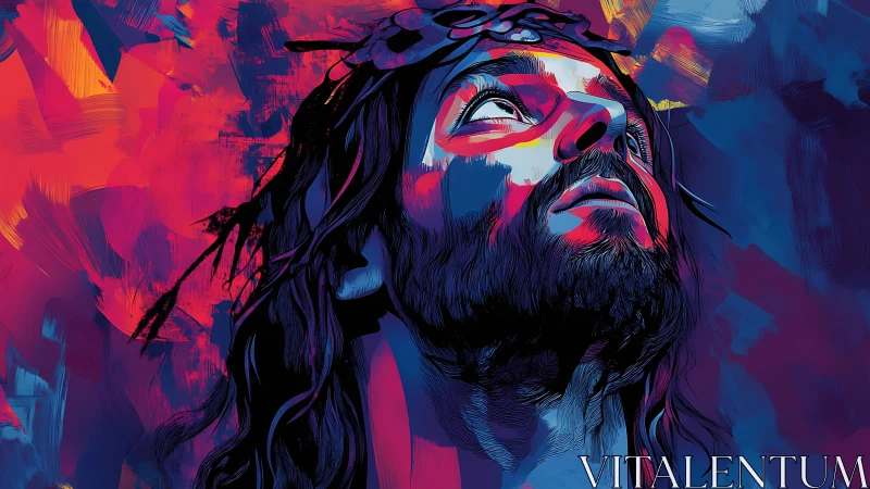 Color-rich digital portrait of bearded man looking upward.