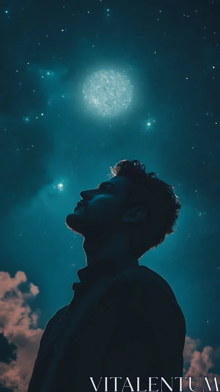 Silhouetted stargazer under cyan nocturnal sky glow portrait.