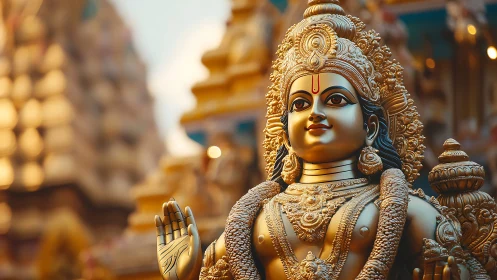 Rendered gold deity statue stands before temple towers