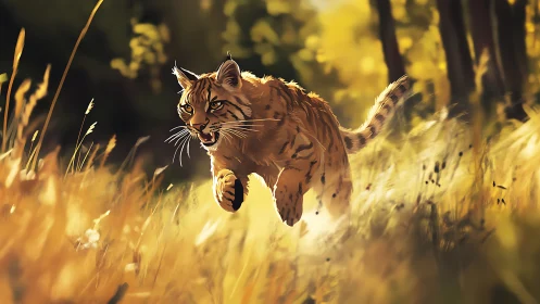 Wild sunrise predator racing through golden forest grasslands.