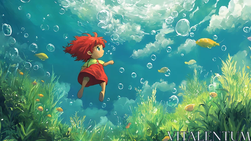 Red-haired child swims underwater among fish and bubbles