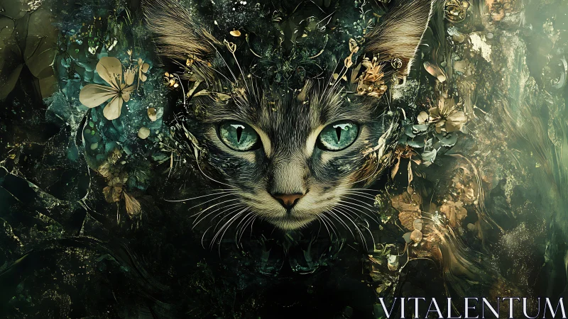 Felid Portrait with Botanical Integration and Emerald Iris Rendering