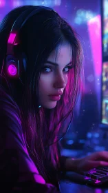 Cyberpunk gamer girl in neon-lit setup with RGB headset