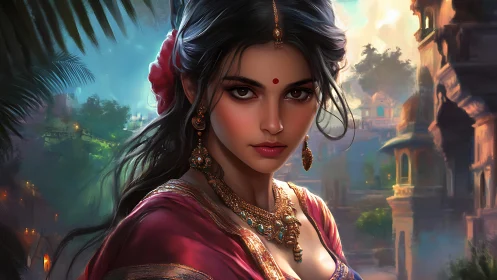 Regal woman gazes over a luminous, mythical palace city