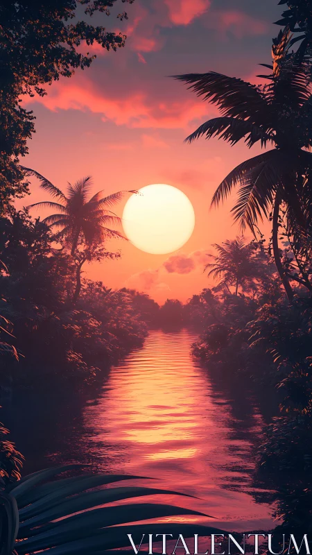 Sunset river quietly smuggles molten light through jungle