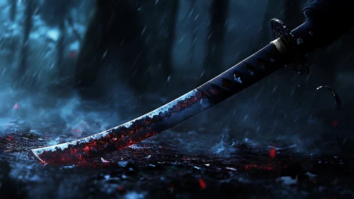 Bloodstained katana glows in a stormy, moonlit forest