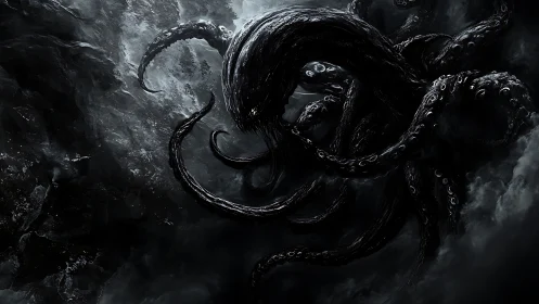 Midnight leviathan swirling through storm-born abyssal gloom.