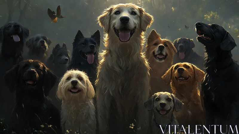 Digital painting of joyful dog pack in backlit forest tableau.