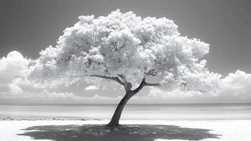 Solitary infrared coastal tree rendered in high tonal contrast