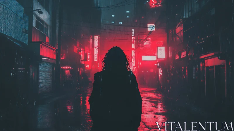 Silhouette stands in neon lit rainy alley at night