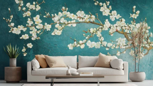 Large floral mural dominates teal accent wall behind minimalist sofa
