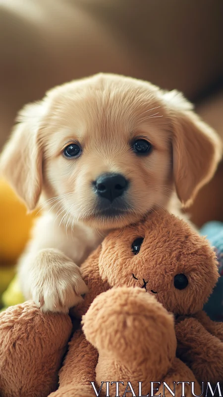 Golden retriever puppy with plush toy on soft background.