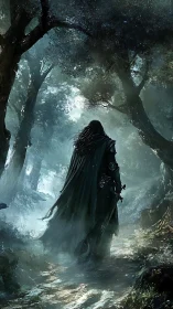 Solitary cloaked warrior walks through misty enchanted forest