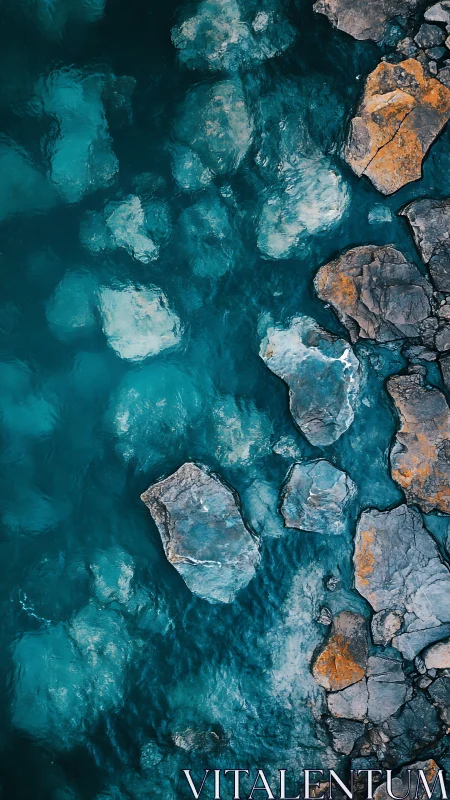 Rocky shoreline resting in calm teal and turquoise water.