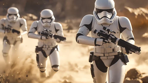 Armored sci fi soldiers running through dusty terrain.