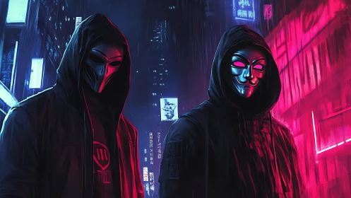 Masked hackers stand under neon rain in cyberpunk alley