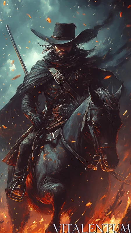 Lone gunslinger rides through embers in dynamic digital chiaroscuro