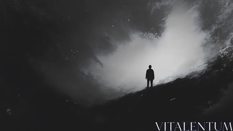 Silhouette figure on dark abstract slope under bright void.