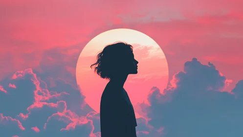 Silhouette of person against large sun in pink sky