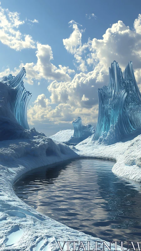 Glacial river winding through crystalline ice spires under sky.
