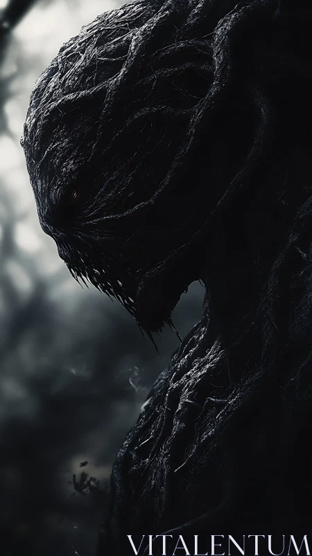 Twisted shadow entity in misty forest silhouette profile.