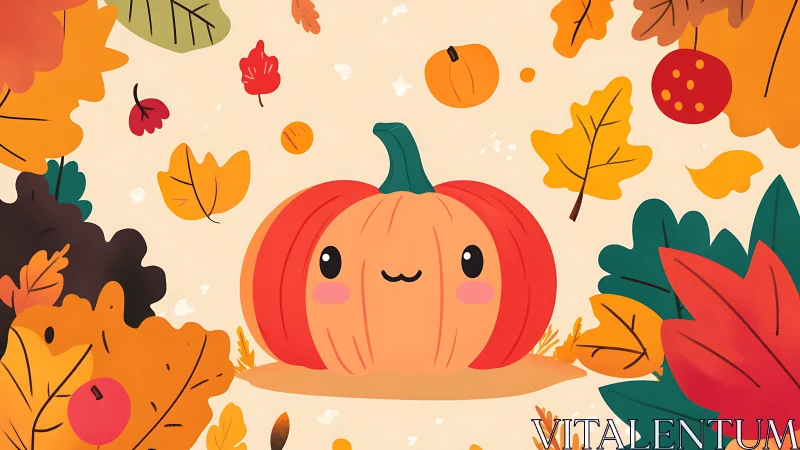 Smiling pumpkin amid playful autumn foliage illustration.