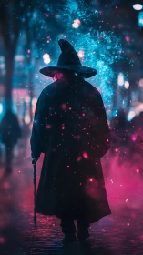 Silhouetted street wizard in glowing neon magic haze.