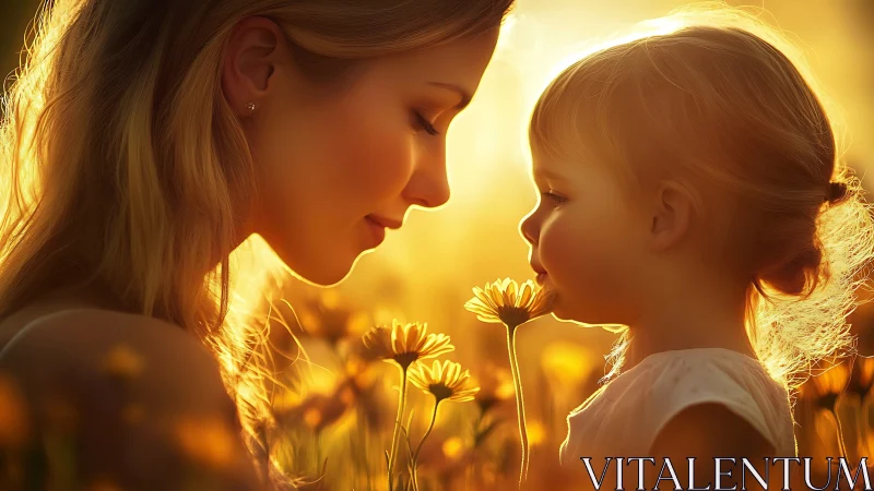 Mother and Daughter in Golden Hour Flower Field.