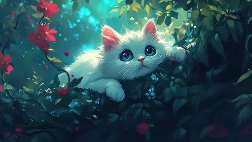 Luminous White Feline with Turquoise Eyes Amidst Botanical Garden Setting