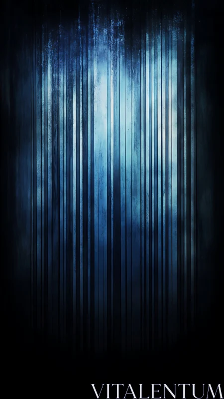 Vertical blue light bars descend into a dark abstract void