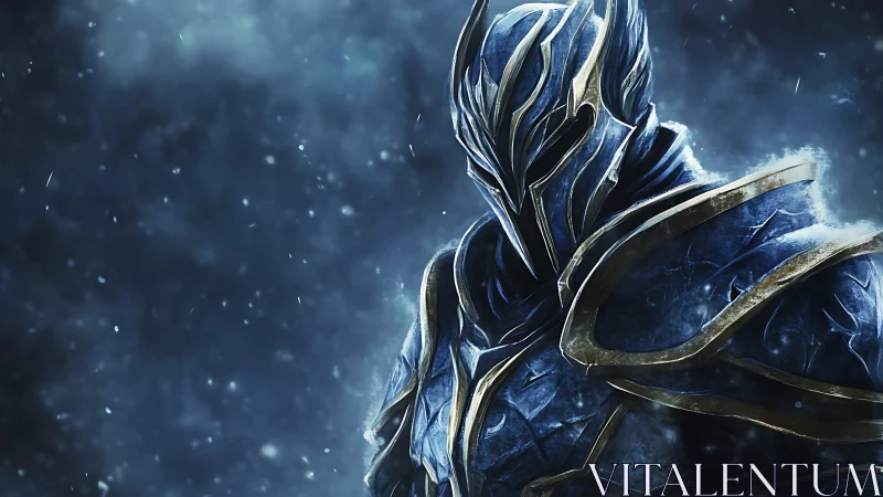 Icebound armored knight stands in stormlit snowfall