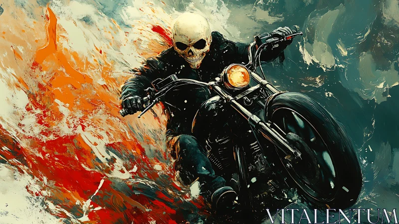 Fiery skull rider charges forward on a blazing motorcycle