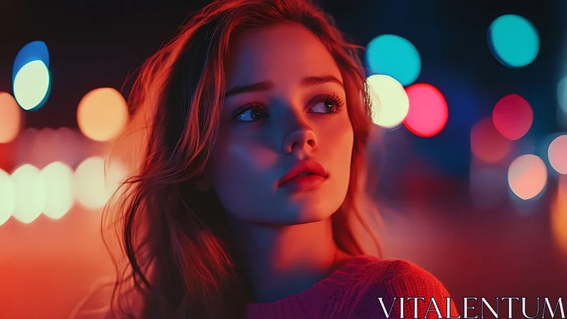 Portrait of a woman against defocused multicolored city lights