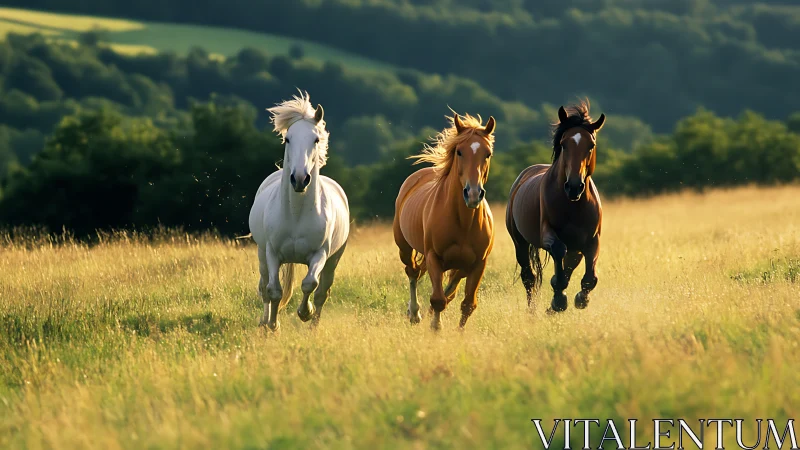 Three horses run through sunlit summer meadow at golden hour