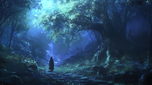 Mystic wanderer crosses a moonlit forest toward hidden falls.