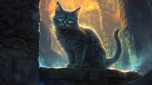 Mystical Black Cat with Glowing Emerald Eyes in Ancient Ruins.