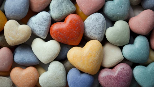 Colorful Stone Hearts Among River Rocks.