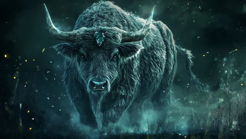 Mystic horned beast emerging through moonlit forest mist.