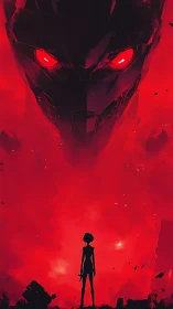 Silhouetted figure confronts giant red mechanical face.