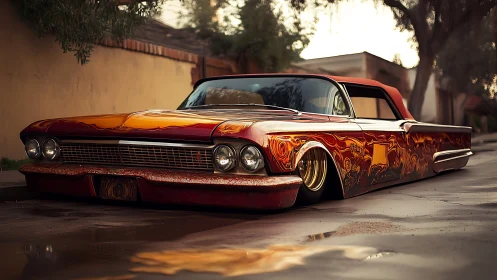 Low-profile custom vintage car is parked on wet pavement