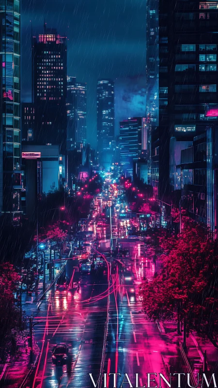 Neon city boulevard glows in the rain-soaked midnight storm