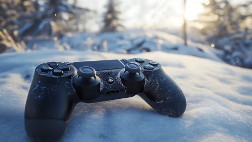 Game controller resting on snow in cinematic winter backlight.