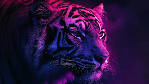 Side profile of a tiger rendered in dual neon lighting