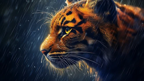 Hyperreal tiger profile in heavy rain with dramatic rim light