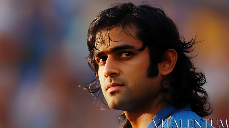 Close-up portrait of long-haired man in blue shirt outdoors.