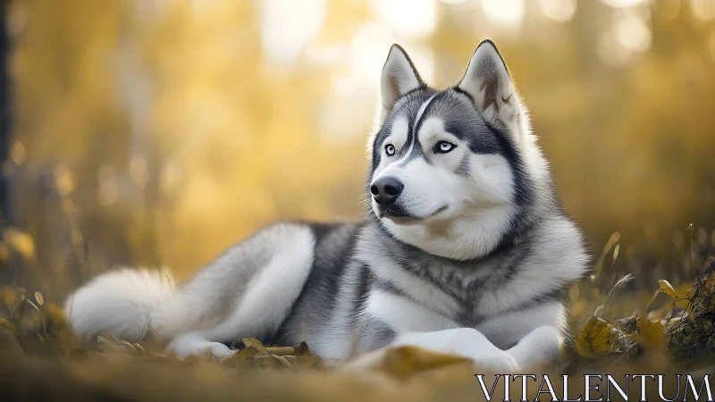 Husky daydreams in a golden forest of soft autumn light.