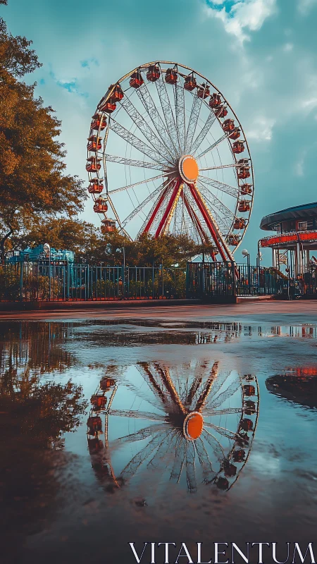 Ferris wheel and clear puddle reflection at urban park.