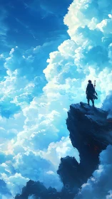 Solitary figure on high cliff against extensive cloudscape.