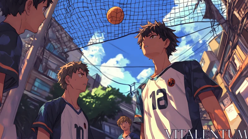 Street volleyball anime team under urban summer sky.