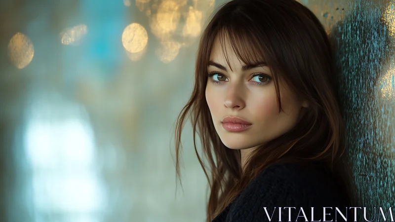 Moody portrait with soft bokeh and reflective wall backdrop.